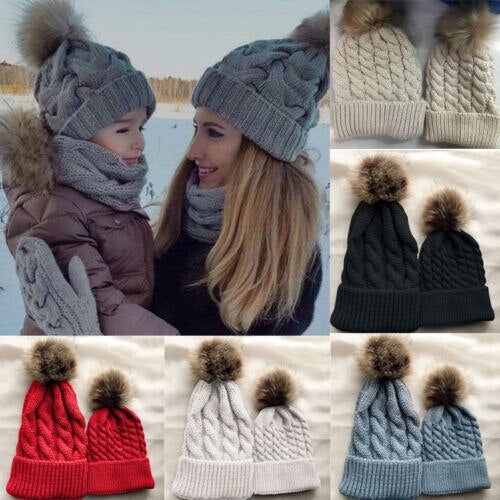 Women Mom Baby Girls Boys Knit Wool Pom