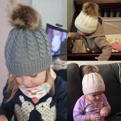 Women Mom Baby Girls Boys Knit Wool Pom