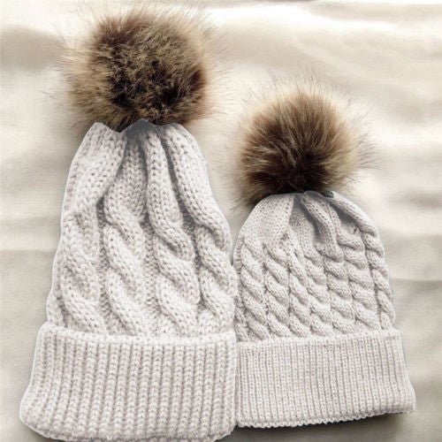 Women Mom Baby Girls Boys Knit Wool Pom