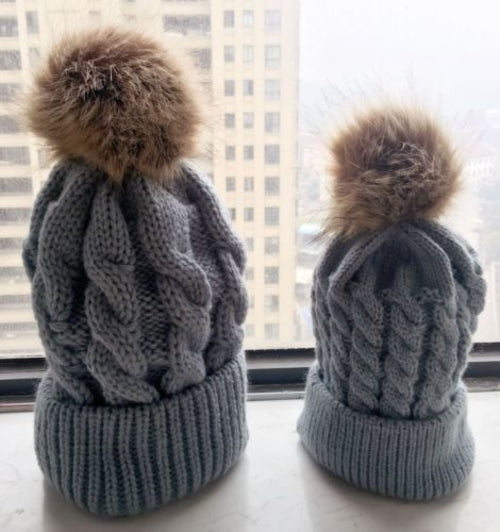 Women Mom Baby Girls Boys Knit Wool Pom