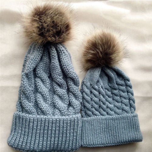 Women Mom Baby Girls Boys Knit Wool Pom