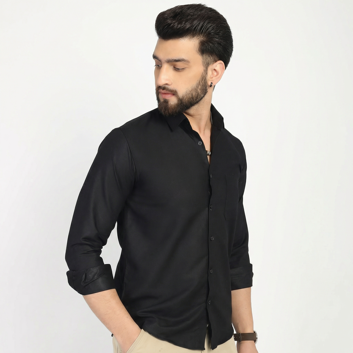 Men's Solid Cotton Casual Shirt - Black XL | Haya Al noor
