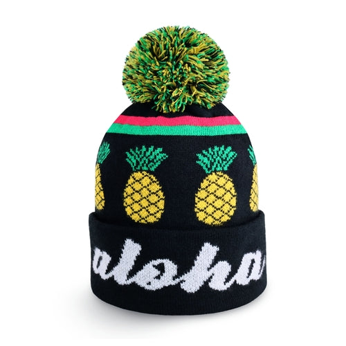 Aloha Pom Beanie for Winter – Knit Cuff Beanie with Pom