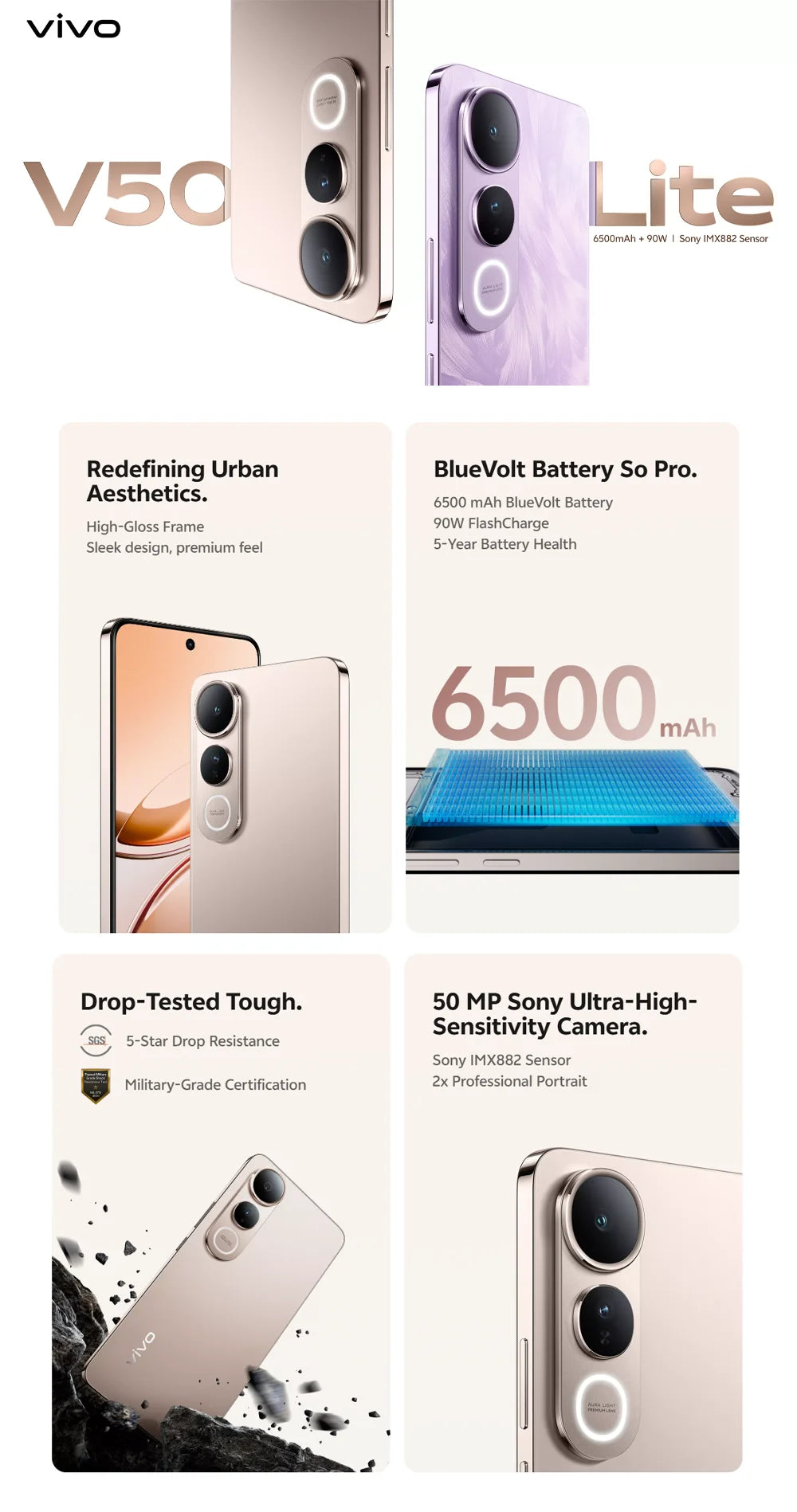 VIVO V50 Lite 5G 6.77" 120Hz Screen Large Storage Smartphone 12GB+512GB 50MP Camera 6500mAh Big Battery Type-C Dual SIM  Phone