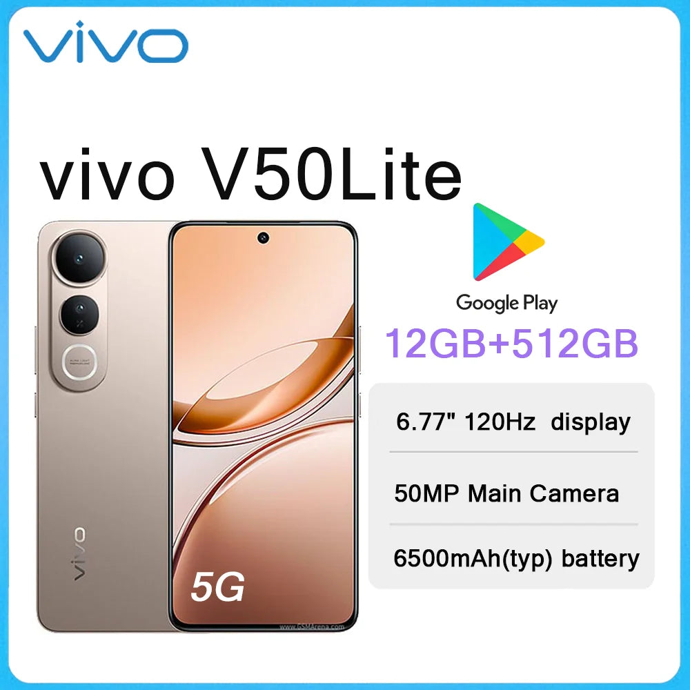 VIVO V50 Lite 5G 6.77" 120Hz Screen Large Storage Smartphone 12GB+512GB 50MP Camera 6500mAh Big Battery Type-C Dual SIM  Phone