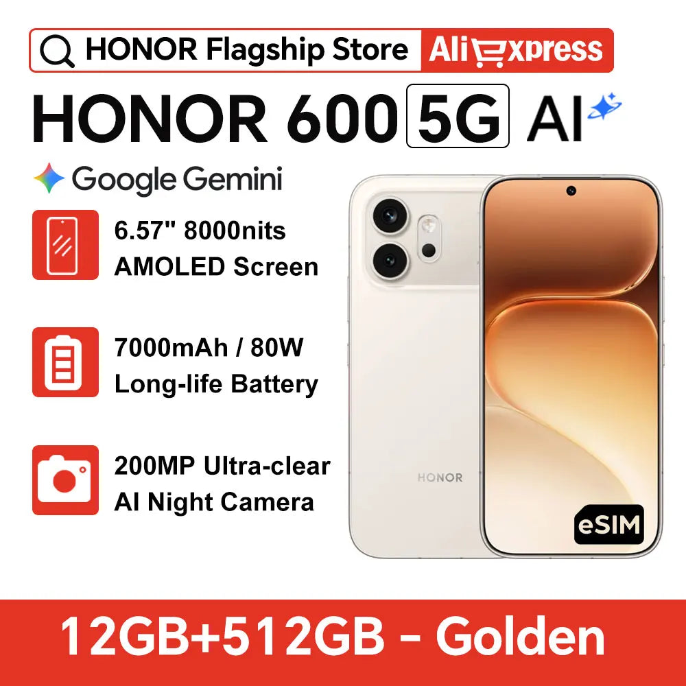 Global Version HONOR 600 5G Smartphone 7000mAh 80W SuperCharge 200MP Main Camera 6.57" AMOLED MagicOS 10 Snapdragon 7 Gen 4 NFC