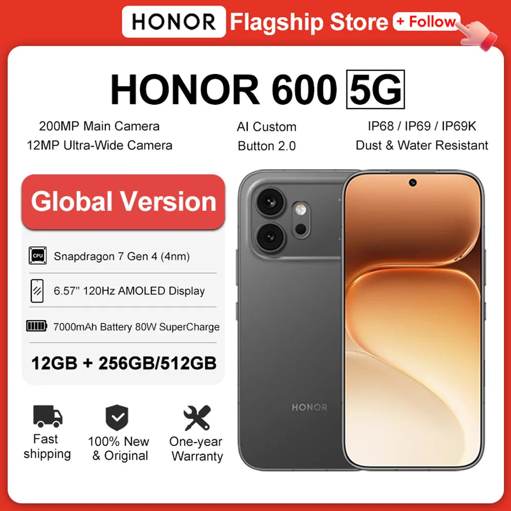 Global Version HONOR 600 5G Smartphone 7000mAh 80W SuperCharge 200MP Main Camera 6.57" AMOLED MagicOS 10 Snapdragon 7 Gen 4 NFC