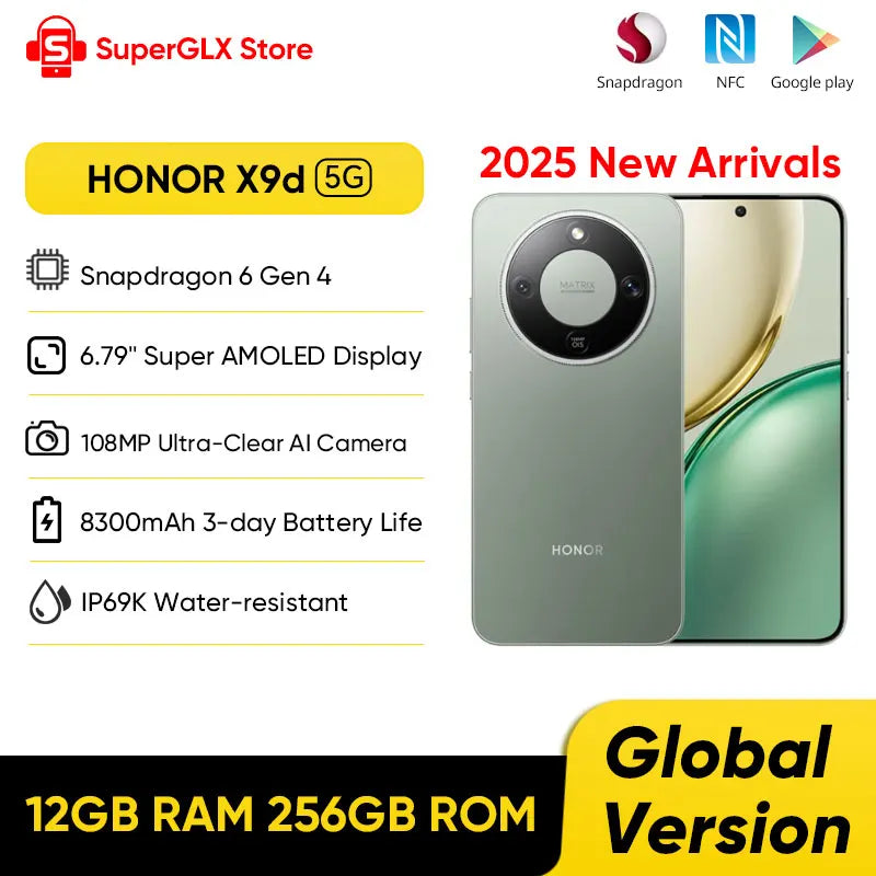 Global Version HONOR X9d 5G Smartphone 6.79" Anti-drop 120Hz AMOLED Screen 108MP Dual AI Cameras 8300mAh Battery 66W NFC IP69K