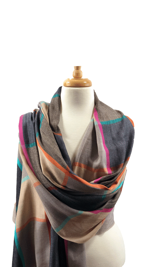 Blue and Beige Classic Wool & Silk Plaid Scarf