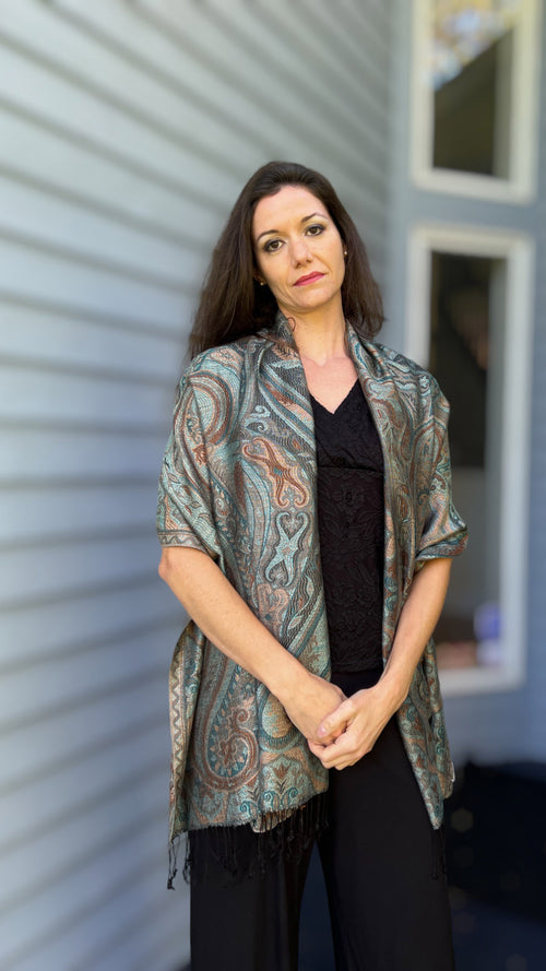 Teal and Gold Jamawar Pashmina Scarf