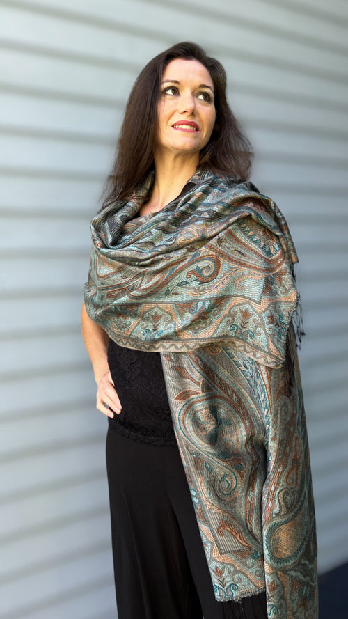 Teal and Gold Jamawar Pashmina Scarf