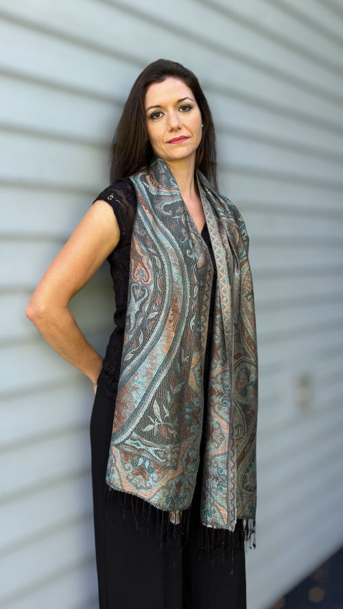 Teal and Gold Jamawar Pashmina Scarf