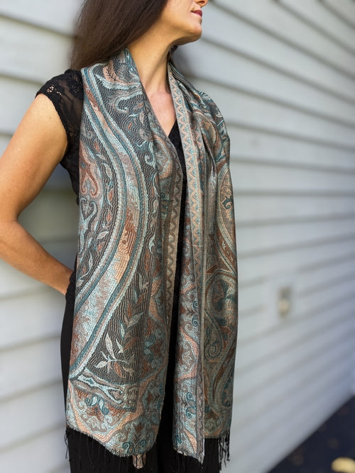 Teal and Gold Jamawar Pashmina Scarf
