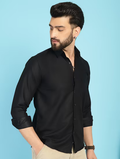 Men's Solid Cotton Casual Shirt - Black XL | Haya Al noor