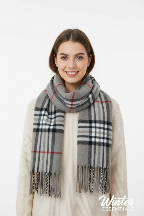 Gray Plaid Scarf Ultra Plush Pashmina Wool Blend 6ft Long Unisex Grey