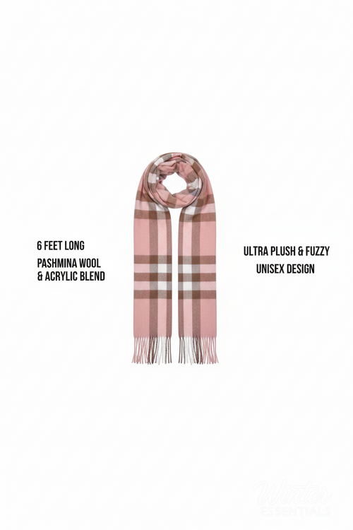Pink Plaid Scarf Ultra Plush Pashmina Wool Blend 6ft Long Unisex