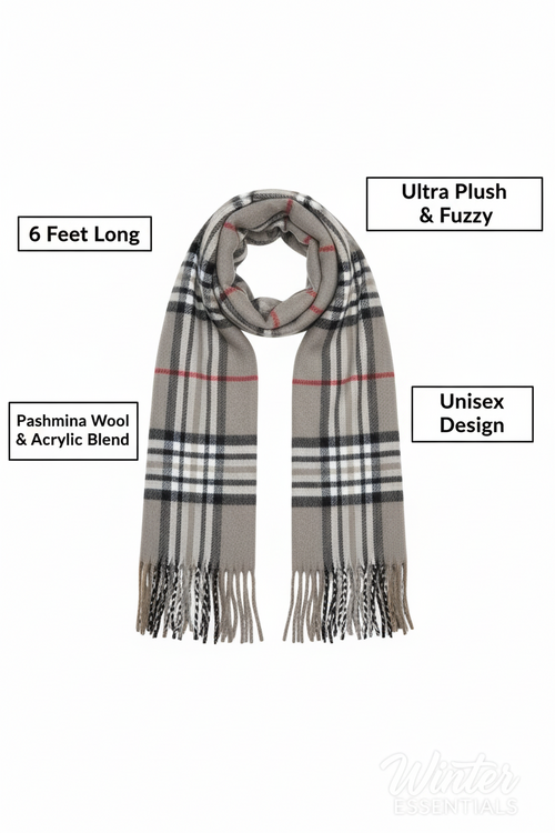 Gray Plaid Scarf Ultra Plush Pashmina Wool Blend 6ft Long Unisex Grey